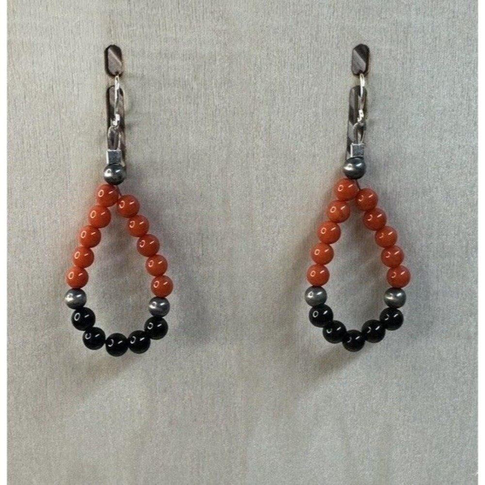 Southwest Sterling Silver Coral Black Onyx Desert Pearl Beaded Hoop Earrings